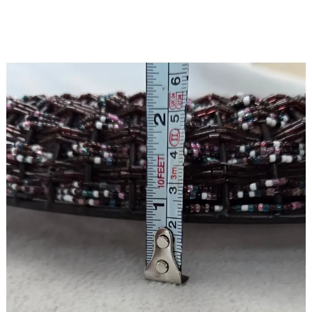Vtg Metal Oval Beaded Wall Mirror Boho Deep Purple Brown Seed Beads
